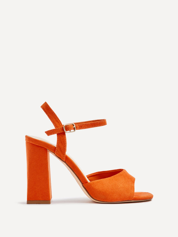 linzi Wide Fit Orange Faux Suede Block Heeled Sandals