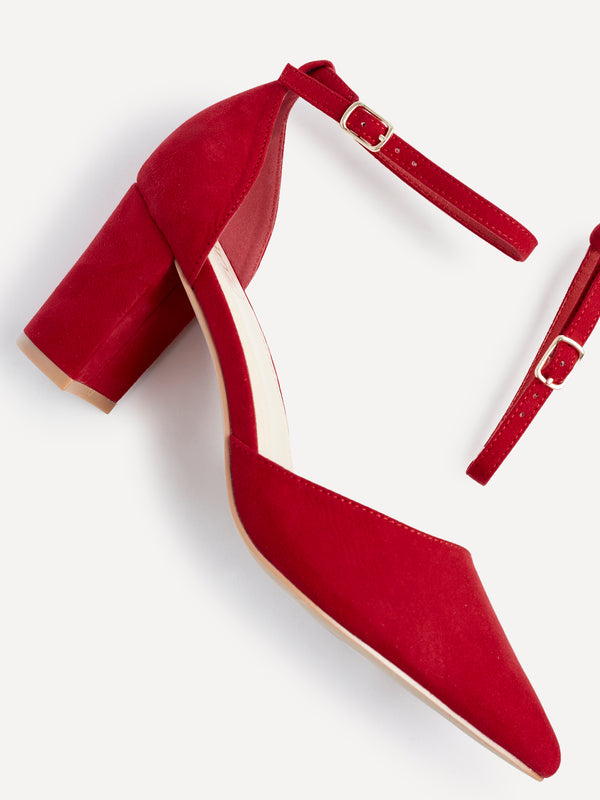 linzi Wide Fit Red Faux Suede Court Shoe With Block Heel