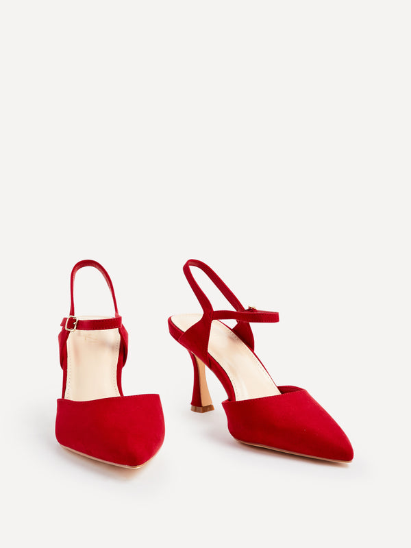 Linzi Wide Fit Red Faux Suede Open Back Stiletto Court Heel
