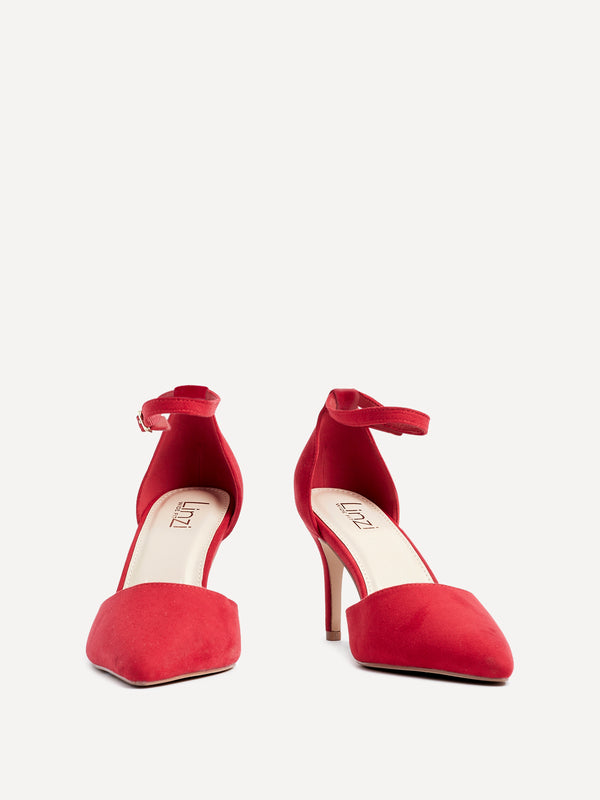 Linzi Wide Fit Red Faux Suede Stiletto Court Heel With Ankle Strap