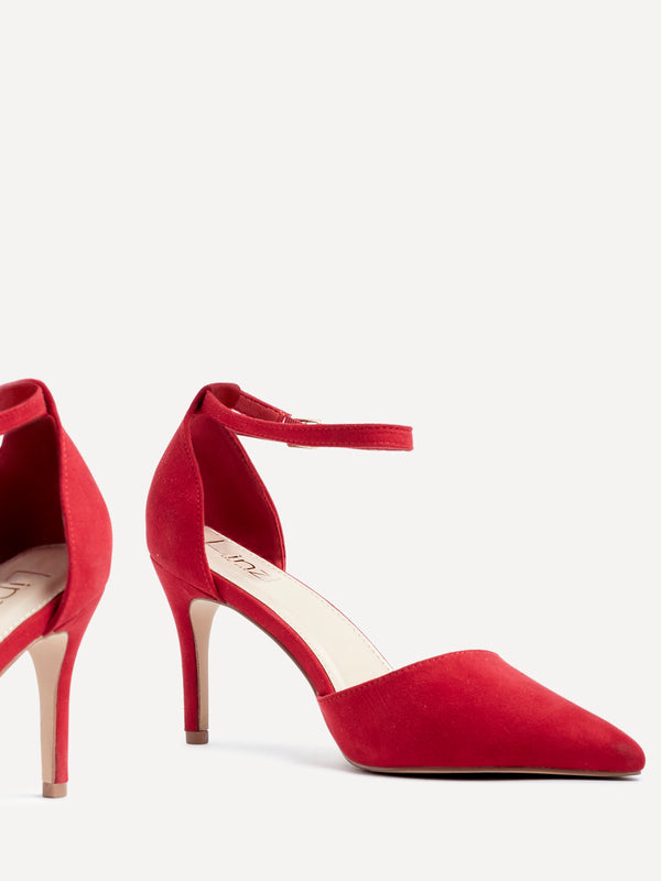 Linzi Wide Fit Red Faux Suede Stiletto Court Heel With Ankle Strap