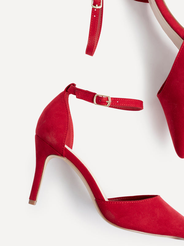 Linzi Wide Fit Red Faux Suede Stiletto Court Heel With Ankle Strap