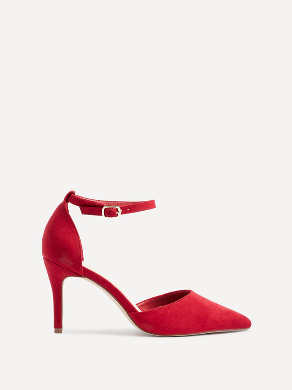 linzi Wide Fit Red Faux Suede Stiletto Court Heel With Ankle Strap