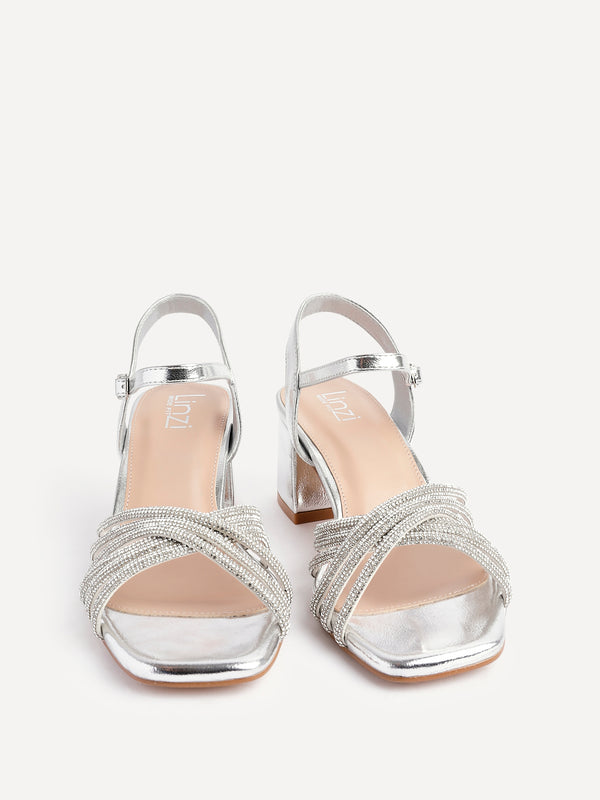 Linzi Wide Fit Silver Block Heel With Crossover Diamante Straps