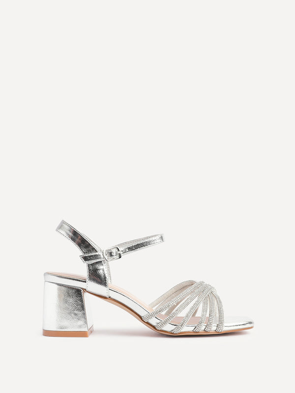 Linzi Wide Fit Silver Block Heel With Crossover Diamante Straps