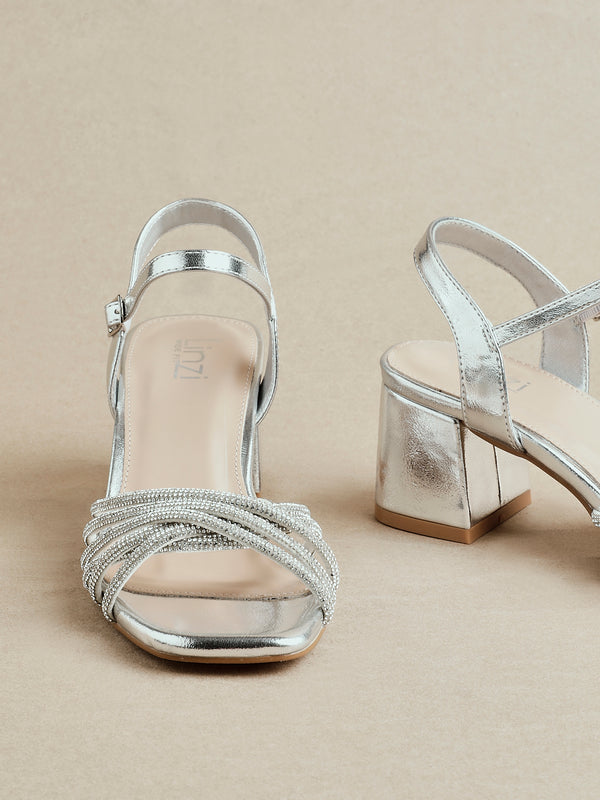 linzi Wide Fit Silver Block Heel With Crossover Diamante Straps
