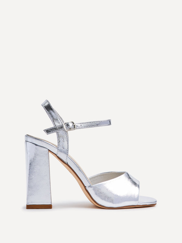 Linzi Wide Fit Silver Faux Leather Block Heeled Sandals