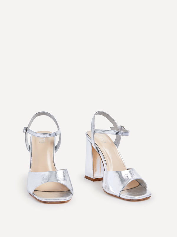 Linzi Wide Fit Silver Faux Leather Block Heeled Sandals