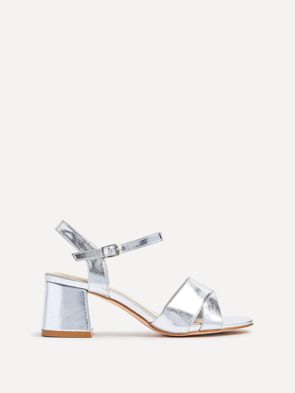 linzi Wide Fit Silver Faux Leather Block Heeled Sandals