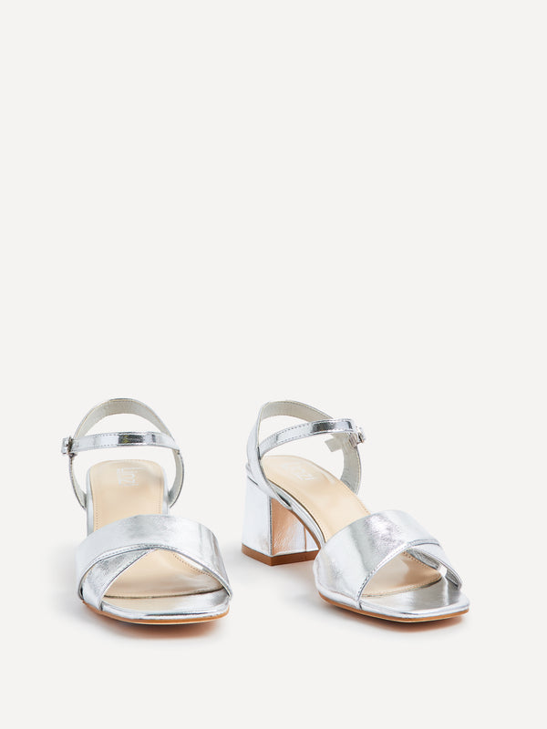 Linzi Wide Fit Silver Faux Leather Block Heeled Sandals