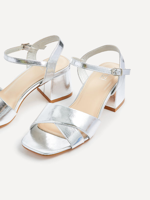 Linzi Wide Fit Silver Faux Leather Block Heeled Sandals