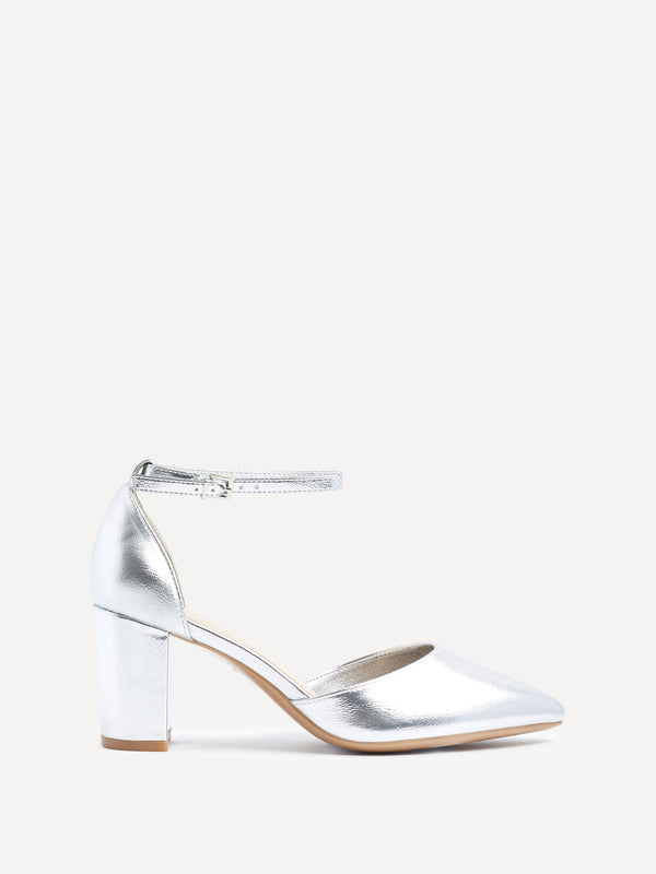 Linzi Wide Fit Silver Faux Leather Court Heel With Ankle Strap