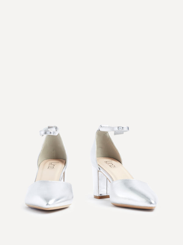 Linzi Wide Fit Silver Faux Leather Court Heel With Ankle Strap