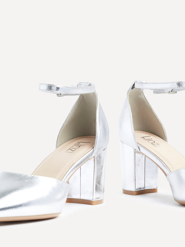 Linzi Wide Fit Silver Faux Leather Court Heel With Ankle Strap
