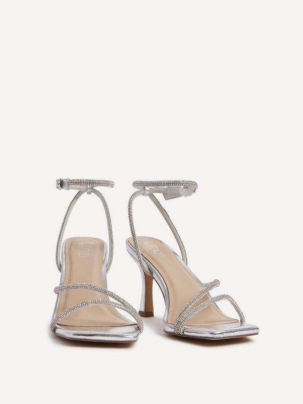 Linzi Wide Fit Silver Faux Leather Diamante Heeled Sandal