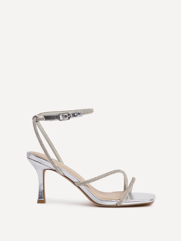 Linzi Wide Fit Silver Faux Leather Diamante Heeled Sandal