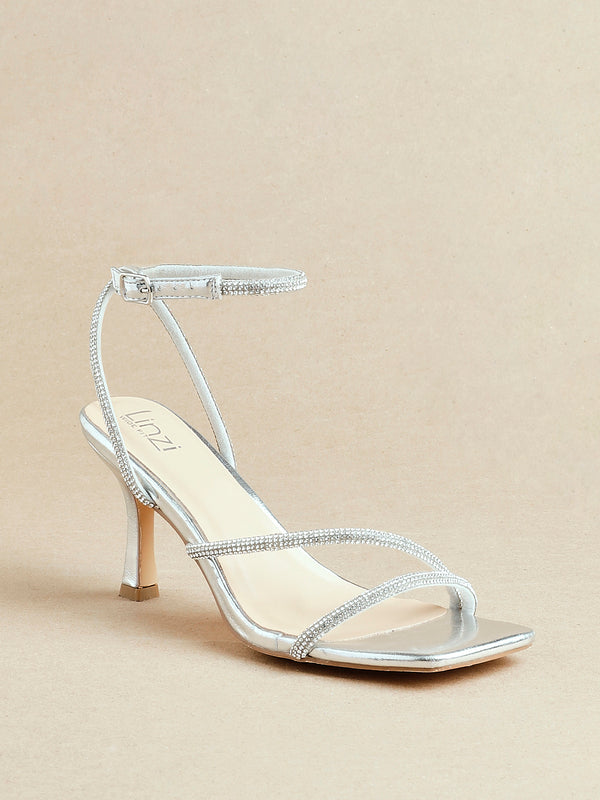 linzi Wide Fit Silver Faux Leather Diamante Heeled Sandal