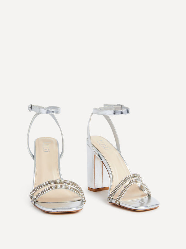 Linzi Wide Fit Silver Faux Leather Double Diamante Strap Block Heeled Sandal
