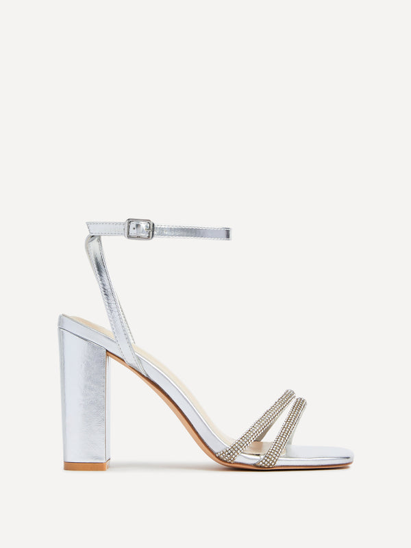 Linzi Wide Fit Silver Faux Leather Double Diamante Strap Block Heeled Sandal