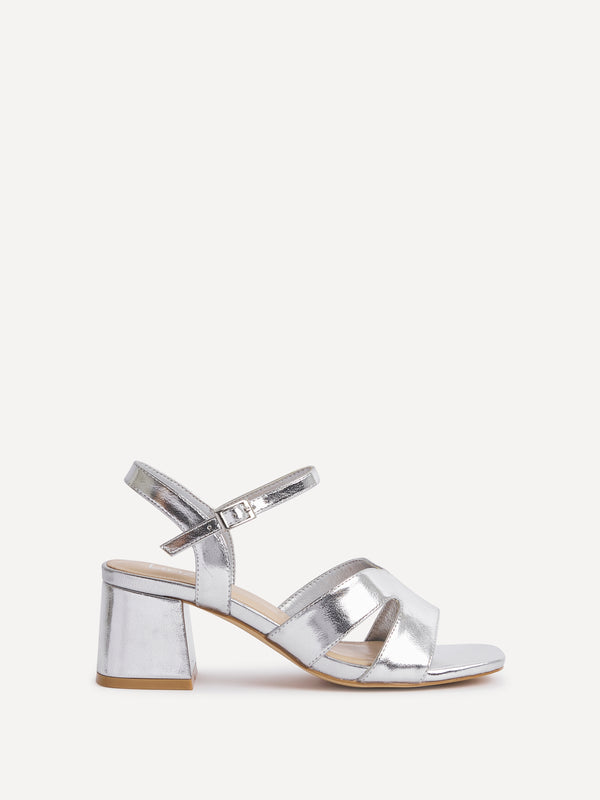 Linzi Wide Fit Silver Faux Leather Link Detail Block Heels