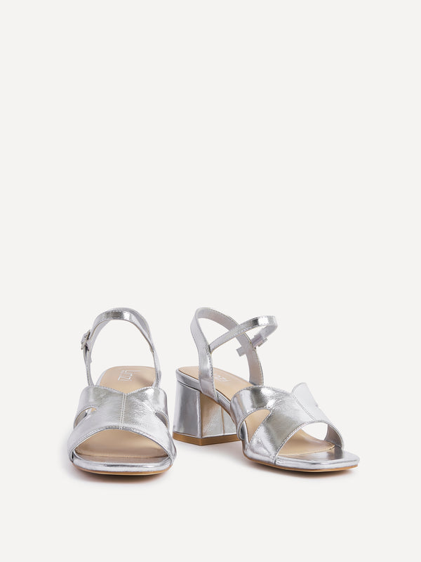 Linzi Wide Fit Silver Faux Leather Link Detail Block Heels