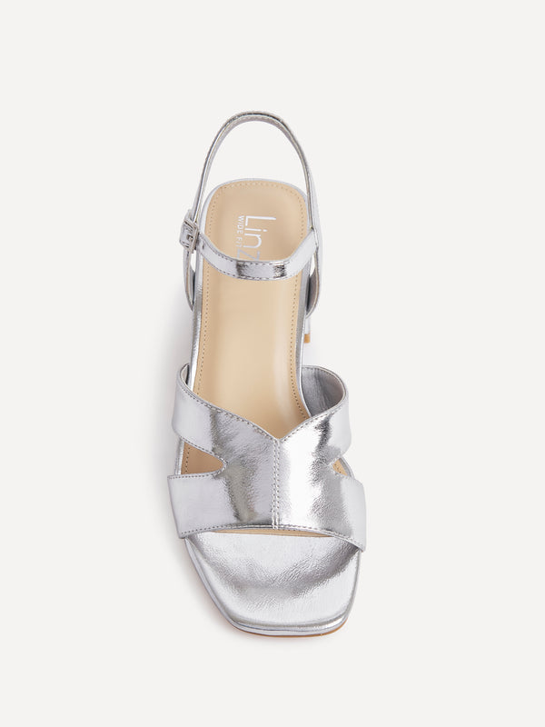Linzi Wide Fit Silver Faux Leather Link Detail Block Heels