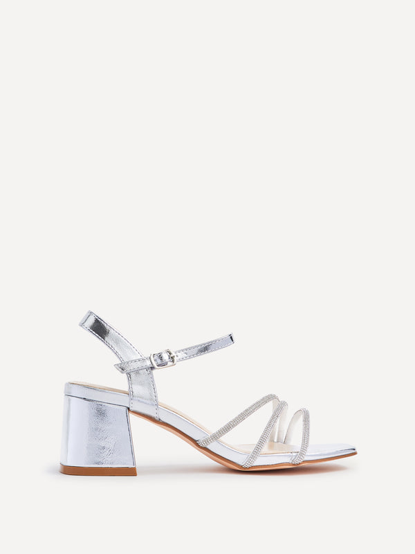 Linzi Wide Fit Silver Faux Leather Open Back Heel With Diamante Triple Front Straps
