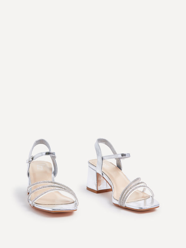 Linzi Wide Fit Silver Faux Leather Open Back Heel With Diamante Triple Front Straps