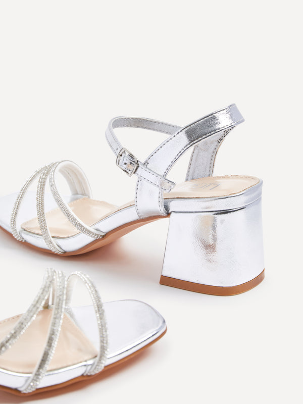 Linzi Wide Fit Silver Faux Leather Open Back Heel With Diamante Triple Front Straps