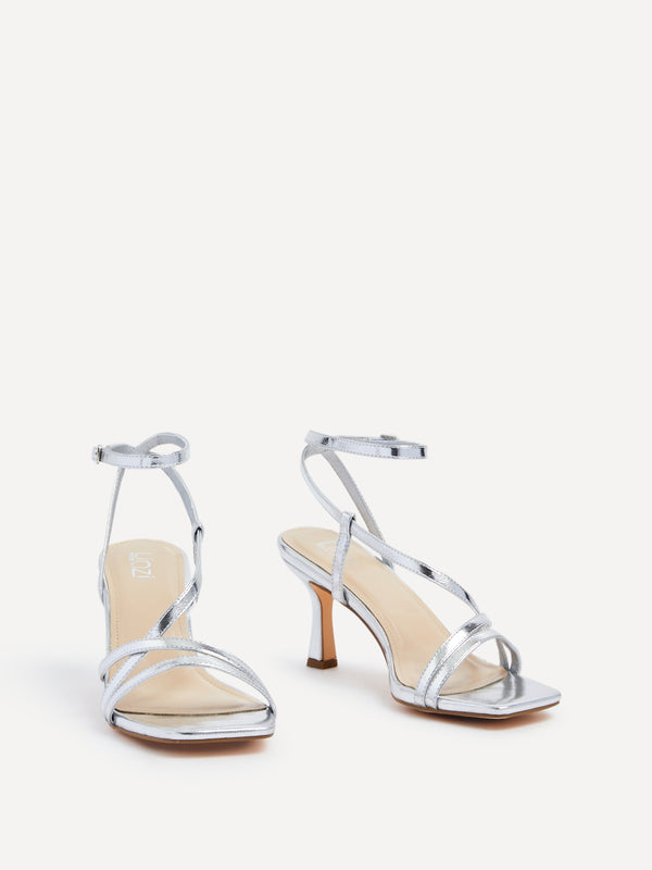 Linzi Wide Fit Silver Faux Leather Strappy Square Toe Heeled Sandal