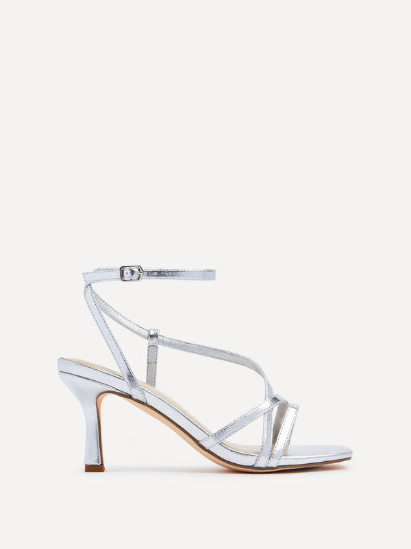 linzi Wide Fit Silver Faux Leather Strappy Square Toe Heeled Sandal