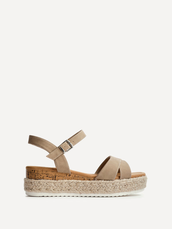 Linzi Wide Fit Taupe Nubuck Cork Flatform With Rope Detailing
