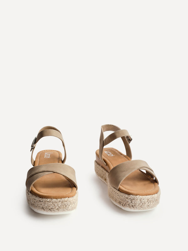 Linzi Wide Fit Taupe Nubuck Cork Flatform With Rope Detailing
