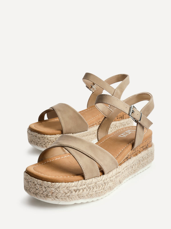 Linzi Wide Fit Taupe Nubuck Cork Flatform With Rope Detailing
