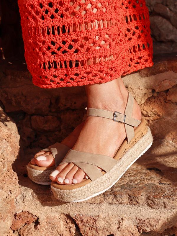 linzi Wide Fit Taupe Nubuck Cork Flatform With Rope Detailing