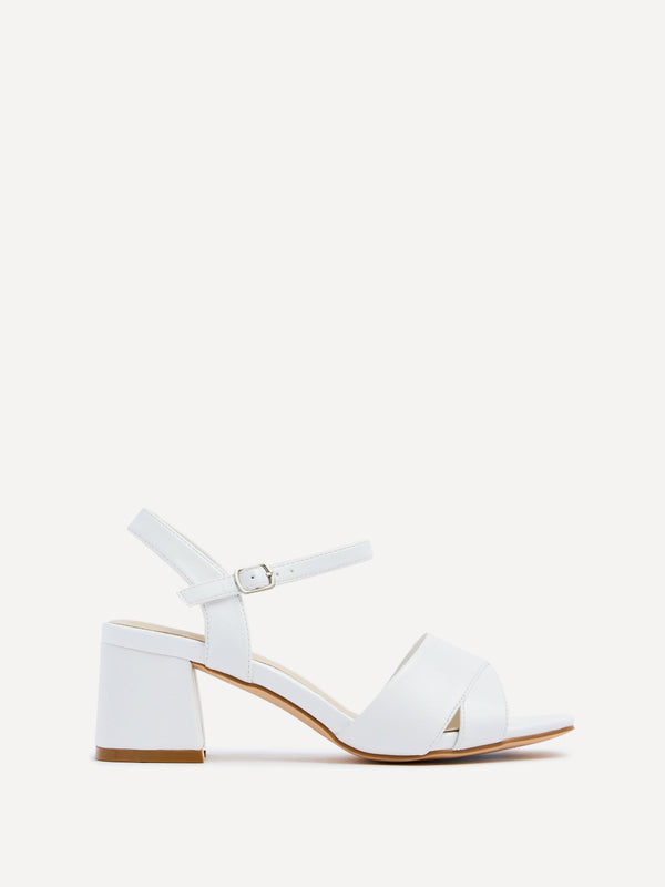 linzi Wide Fit White Faux Leather Block Heeled Sandals