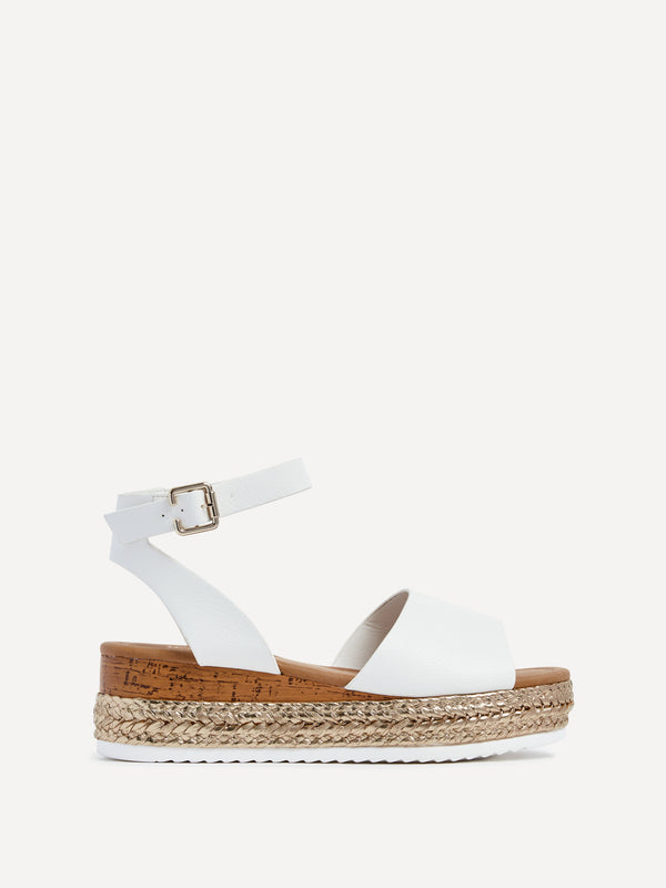 Linzi Wide Fit White Faux Leather Gold Rope Trim Flatform Sandal