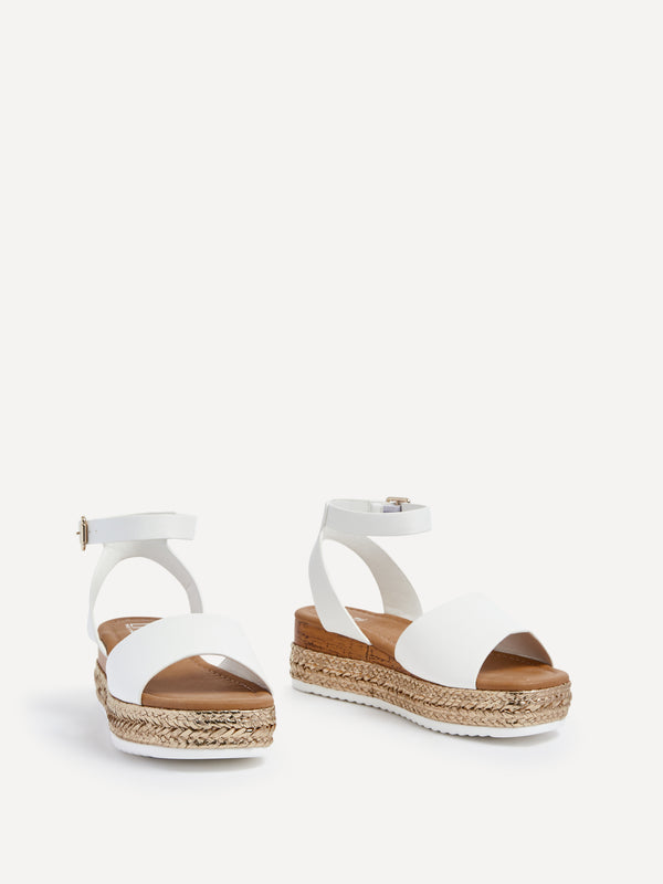 Linzi Wide Fit White Faux Leather Gold Rope Trim Flatform Sandal