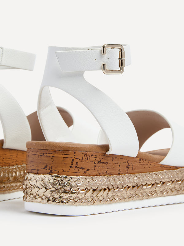 Linzi Wide Fit White Faux Leather Gold Rope Trim Flatform Sandal