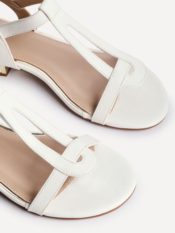 Linzi Wide Fit White Faux Leather T-Bar Looped Low Heeled Sandal