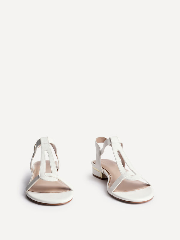 Linzi Wide Fit White Faux Leather T-Bar Looped Low Heeled Sandal