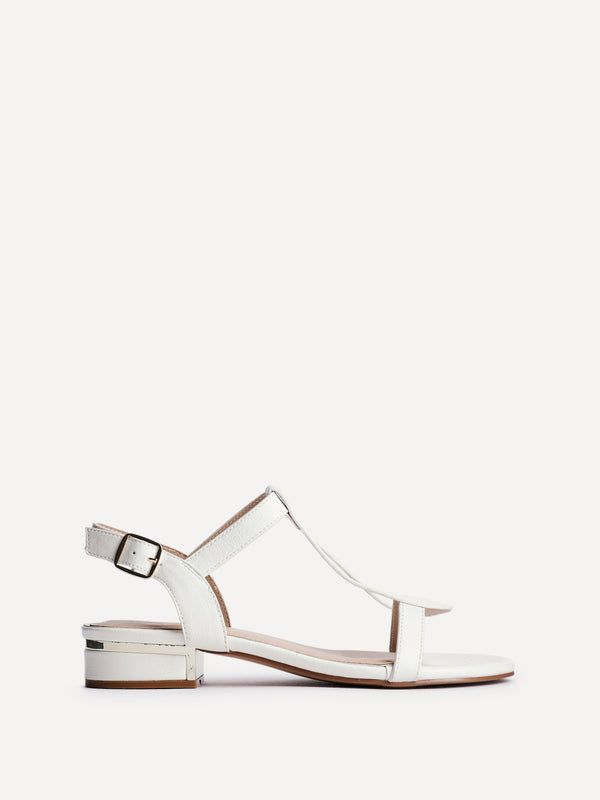 Linzi Wide Fit White Faux Leather T-Bar Looped Low Heeled Sandal