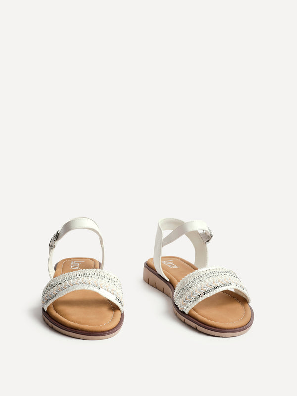 Linzi Wide Fit White Raffia Embellished Flat Sandals