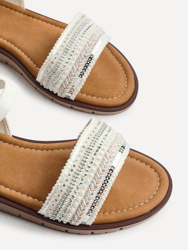 Linzi Wide Fit White Raffia Embellished Flat Sandals