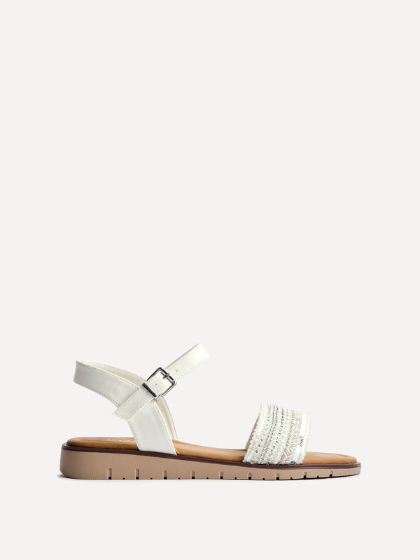 Linzi Wide Fit White Raffia Embellished Flat Sandals