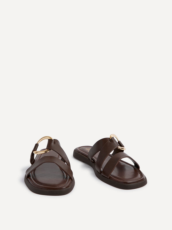 Linzi Womens Brown Faux Leather Double Strap Sandal With Buckle Detail