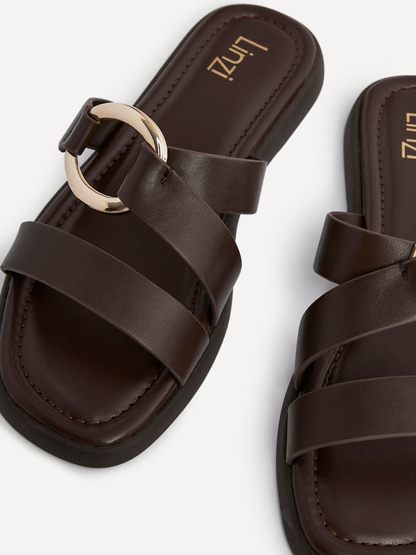 Linzi Womens Brown Faux Leather Double Strap Sandal With Buckle Detail