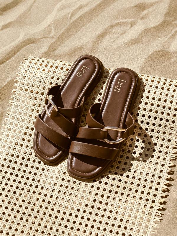 linzi Womens Brown Faux Leather Double Strap Sandal With Buckle Detail