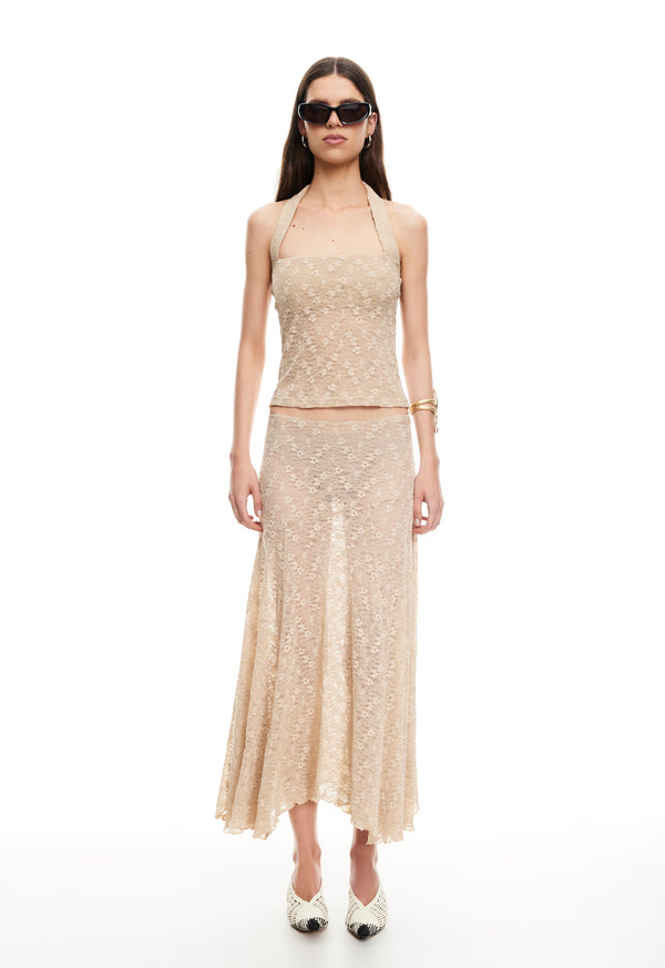 lioness IN BLOOM LACE MIDI SKIRT TAUPE