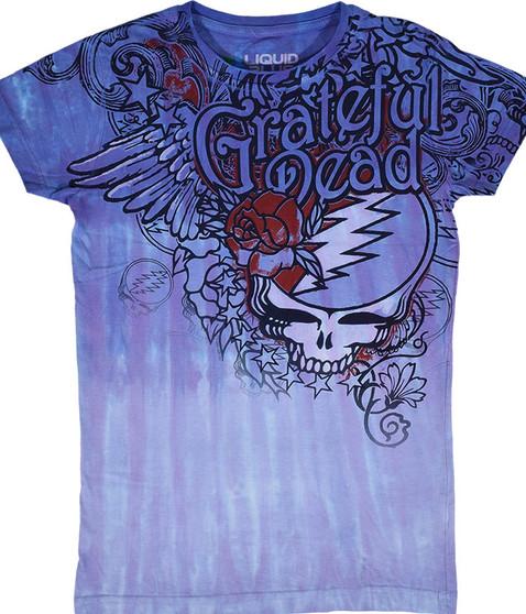 liquid blue Dead Flowers Tie-Dye Juniors Long Length T-Shirt